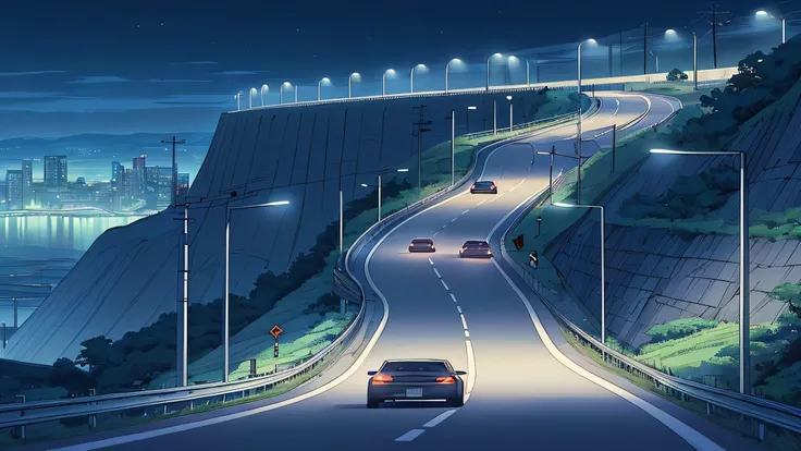 road of the car on along hill and a big wall on the right side and a nature on the left side also the left side is the edge side , anime style , the time is night and there are some lights and the road is not flat but a slope , anime style, High slope very...