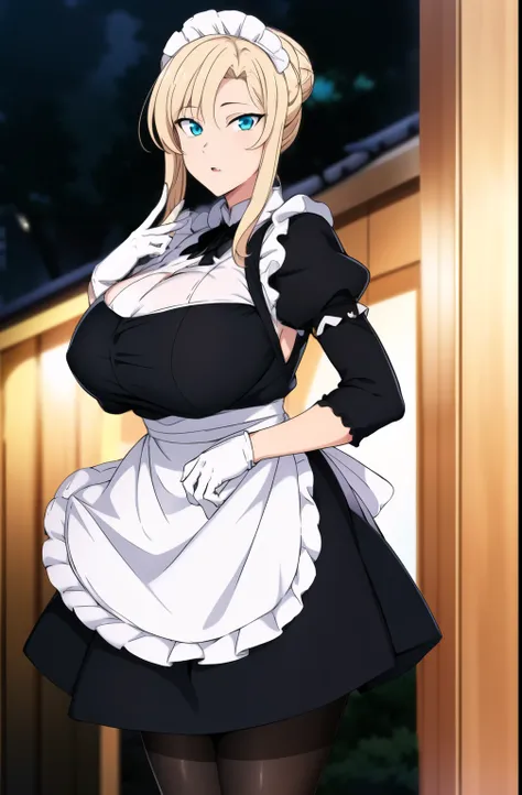 (Night:1.7), Japan, Tokyo, CityView, Before Window, Standing at attention, a white and yellow dress on her shoulders, (Black_pantyhose), maid_apron, maid_headdress, maid_LONG_Skirt, gloves, blonde hair, ((hair bun)), 1 girl, 24yo,mature female,Beautiful Fi...