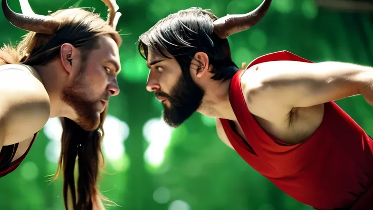 two men fighting. one has horns, red skin and a long tail. the other has no horns, his look is kind, he looks good-natured, his hair is long dark brown and bearded, with green eyes and a long tunic-like dress. 