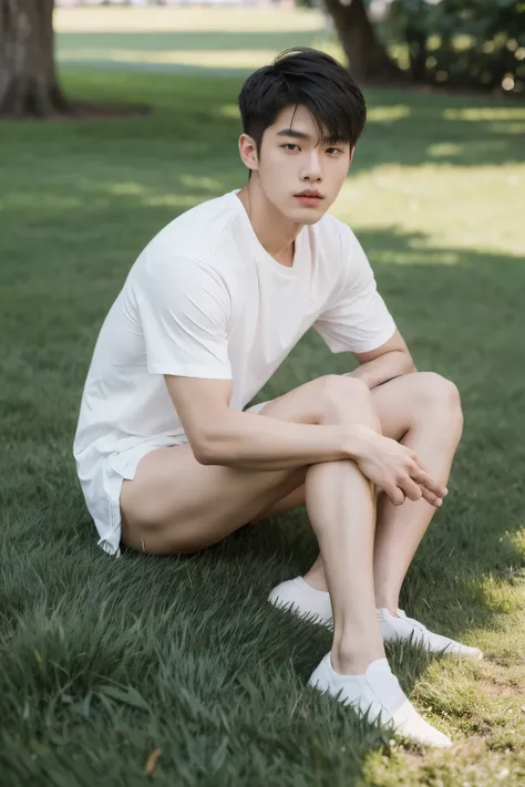 asian muscular boy sitting on grass , wearing only white shirt, black micro thong, showing his naked thighs, muscular young male...