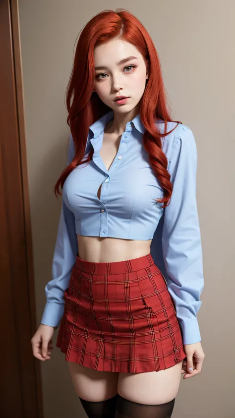 a beautiful 17yo Skotlandia woman, unbuttoned shirt, high waist mini skirt, redhead, thighhighs