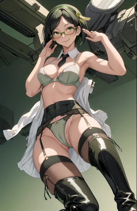 highest quality, masterpiece, High resolution, ((Perfect hands, Perfect Legs, Perfect Anatomy)), alone, {Kirishima_Fleet Collection:1.15}, short_hair, Glasses, black_hair, hairband, Green Frame_Glasses, headgear, smile, One girl, green_eye, thigh_boots, th...