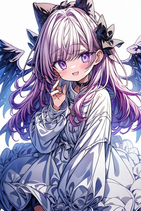 1 meter tall、purple eyed cat girl. purple hair、she is very cute、i always look happy. she is wearing an oversized white hoodie.. ...