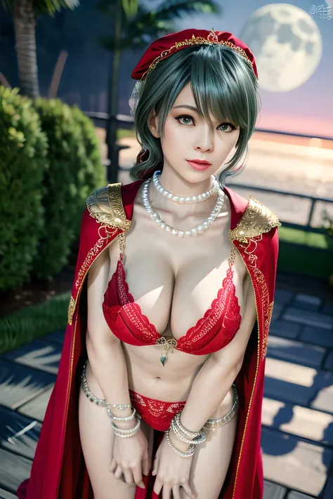 1 girl,lean over WINK,(Wearing Wedding Dress:1.2) ,(Wearing Jewel:1.2) ,( red lace_cloak:1.3),(Fluffs :1.4),(pearl bodychain:1.3),garden,nighttime,moon,( huge breasts ),cleavage,shiny skin,lip gloss,tattoos, masterpiece, best quality, realistic ,Surrealism...