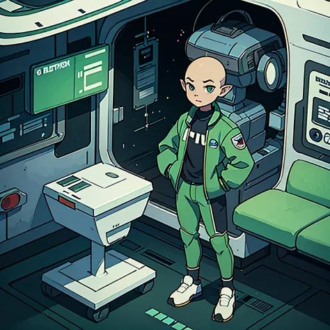 A 1980s era green-skinned bald-headed alien elf teen boy character wearing futuristic active-wear standing in massive room on board a sci-fi space station 