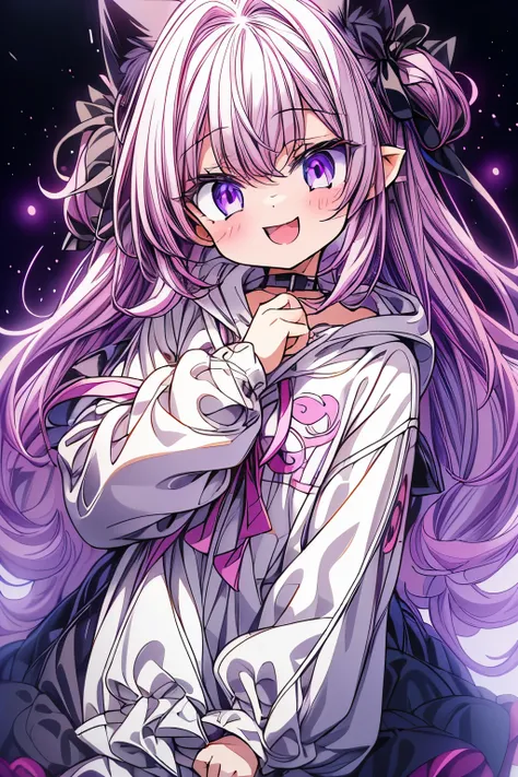 height: 3 feet 6 inches、purple eyed cat girl. purple hair、she is very cute、i always look happy. she is wearing an oversized whit...