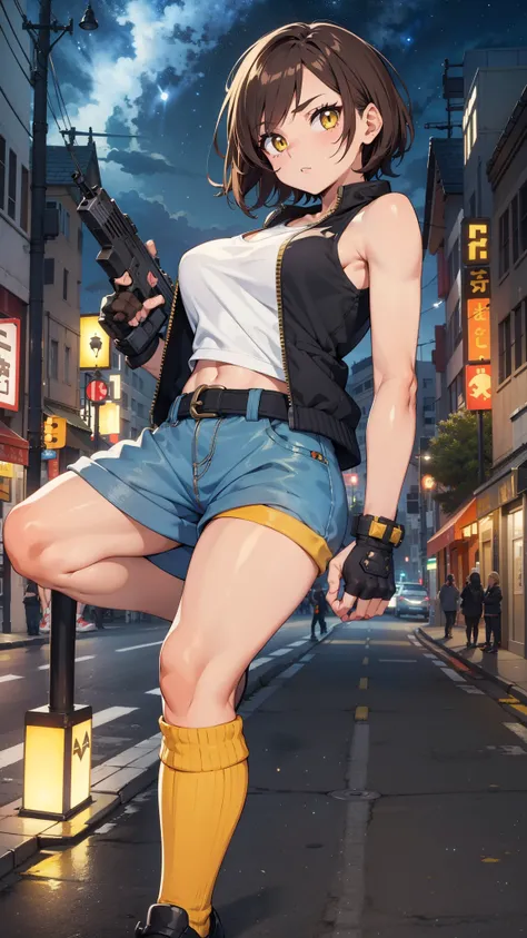 street dancer,  short hair, brown hair, yellow glowing eyes, perfect lips,  cute expression, cute face, cute pose, fingerless gloves, gun, tank top, jacket, cute pose, ultra detailed face, long eyelashes, sharp eyes , Fullbody shot, dinamic viewer, night s...