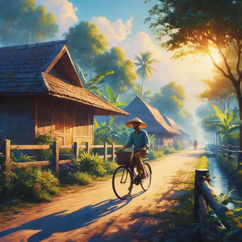 a painting of a man riding a bike down a path, a fine art painting, trending on cg society, sumatraism, beatiful house, tropical location, flat painting, sunny afternoon, cottagecore!!, indonesia