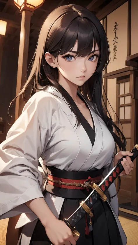 (((masterpiece))),(((High resolution)))、(((8K)))、(((perfect face)))、(((woman having a Japanese sword)))、25 years old, look at the camera, ((top quality eyes)), (top quality face), detailed texture
