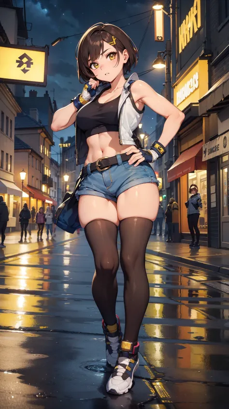 street dancer,  short hair, brown hair, yellow glowing eyes, perfect lips,  cute expression, cute face, cute pose, fingerless gloves, gun, tank top, jacket, cute pose, ultra detailed face, long eyelashes, sharp eyes , Fullbody shot, dinamic viewer, night s...