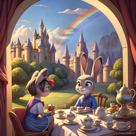 By chelodoy, Judy Hopps, young, alice in the wonderland, teatime, rainbow, castle on the background, 