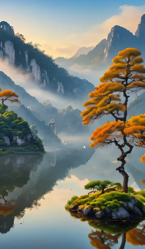 Chinese style,Chinese,((summer, Huangshan National Park,Art style,traditional Chinese painting,Painting lake and mountain scenery, Reflection of mountains on lake)),,Volumetric solar lighting,((high quality:1.2, masterpiece:1.2)),Oil landscape,Extremely wi...