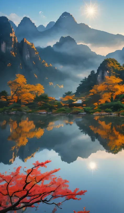 Chinese style,Chinese,((summer, Huangshan National Park,Art style,traditional Chinese painting,Painting lake and mountain scenery, Reflection of mountains on lake)),,Volumetric solar lighting,((high quality:1.2, masterpiece:1.2)),Oil landscape,Extremely wi...