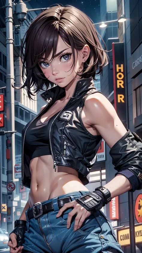 street dancer,short brown hair,bright yellow glowing eyes,perfect lips,adorable cute expression and face,charming pose,stylish fingerless gloves,dangerous gun with bullets,cool tank top and jacket,ultra-detailed face with long eyelashes and sharp eyes,full...