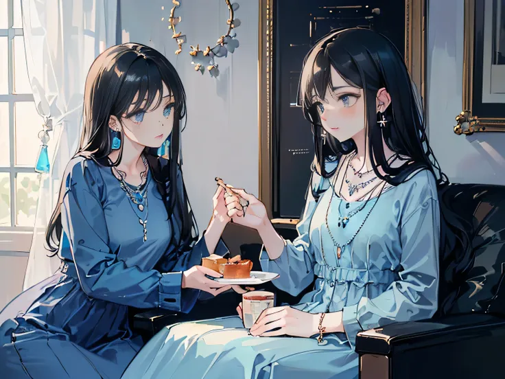 (Home:1.5),(A young woman，Long black hair，Wearing earrings and necklaces，Wearing a light blue dress,:1.8),Sit at the dinner table，ready to eat，care，Lots of dishes