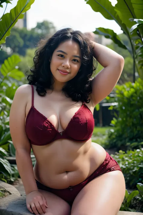 Malay girl wearing transparent burgundy color tight satin bra and panties portrait photography, mid shot photo, ultra detail, professional photograph with professional lighting, smile, at the garden, outdoor background, curly hair, sexy seducing pose, curv...