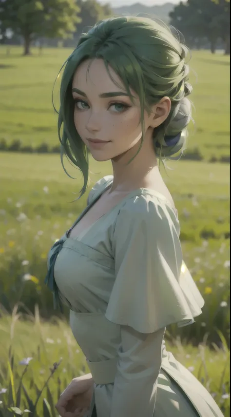 medieval beautiful woman, green hair in a messy bun, detailed face, light freckles, smirk, early morning, grassy field, depth of...