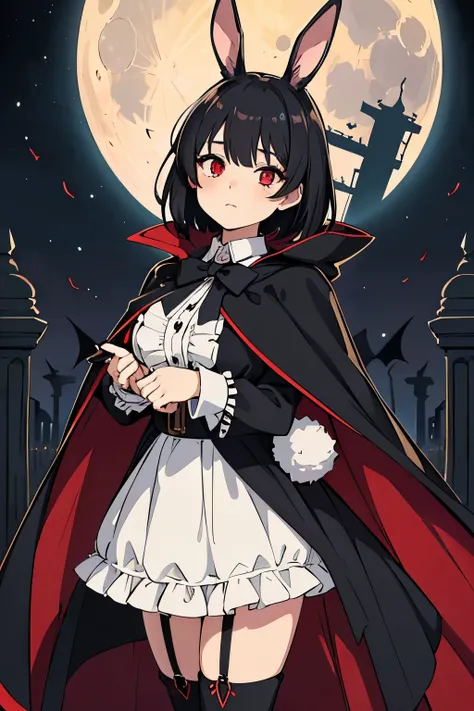 anime adult girl, short black hair, Bangs are heavy, bunny ears, vampire, red eyes, ((best quality)), ((highly detailed)), masterpiece, absurdres, (detailed eyes, deep eyes), (1girl), cape, Outside at night when the moon shines, dress, frills, The sleeves ...