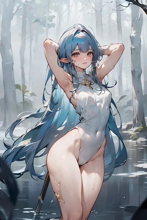 ((mejor calidad)), ((Obra maestra)), (detallado), cara perfecta Sensual elf woman in the water, with angelic face with
wet hair, exhausted, ultra realistic, her hands behind her head: with semi-translucent clothing very tight to the body, gold and white cl...