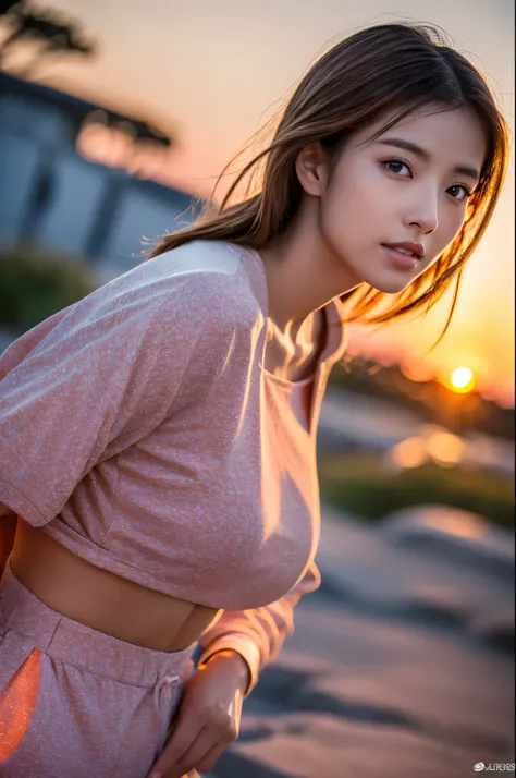 8K,Japanese woman watching the sunset,Super Beauty(Like the real thing),Gorgeous,Middle-aged women,Mountain Observatory,Portraiture, The perfect angle、Professional quality high resolution、Perfect contrast、Perfect lighting、Perfect composition、Perfect Skin、P...