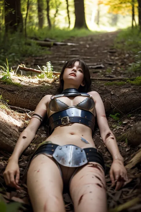 (SFW:1.5),(photo Realistic:1.4), (hyper Realistic:1.4), (Realistic:1.3), best quality,Wounded,corpse,killed,breastplate,female knight,girl,middle ages,13 years old,slender,in the forest,from above,Detailed skin texture,Sleeveless,feet,Dirty Skin,Spread you...