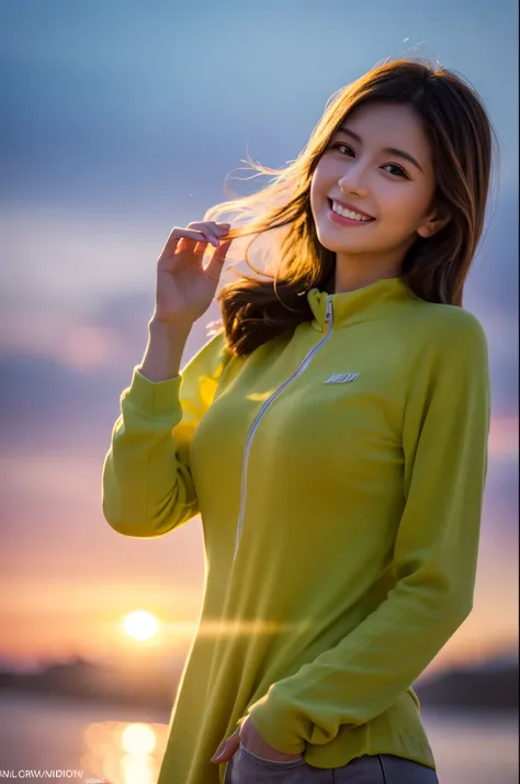 8K,Japanese woman watching the sunset,Super Beauty(Like the real thing),Gorgeous,Middle-aged women,Mountain Observatory,Portraiture, The perfect angle、Professional quality high resolution、Perfect contrast、Perfect lighting、Perfect composition、Perfect Skin、P...