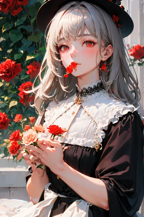 (highest quality, masterpiece), (One girl, alone, Black Dress, Are standing , View your viewers, Gray Hair, Red eyes, Holding roses, Mouth closed, Upper Body), (Red dream catcher behind, Red flower, )