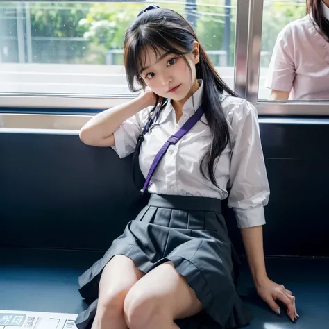 Actual photo、Highest im年 quality、Beautiful woman、Beautiful thighs、Beautiful Face、Uniform Ponytail、Yuriko Yoshitaka、Japanese women、pretty girl、skirt、Beautiful thighs、pumps、Inside a crowded train、Sit in your seat、Front seat、(小さい男の子が女性のskirtをめくる:1.９)、