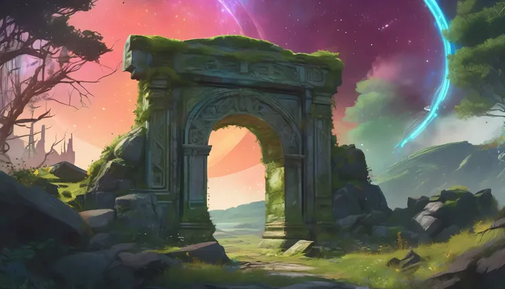 Ultra realistic painting of a forgotten gateway, mysterious ancient portal surrounded by vines and moss, crumbling stone archway with glyphs and runes, swirling nebula cosmos in the portal, stars and galaxies visible inside, leading to another time and dim...