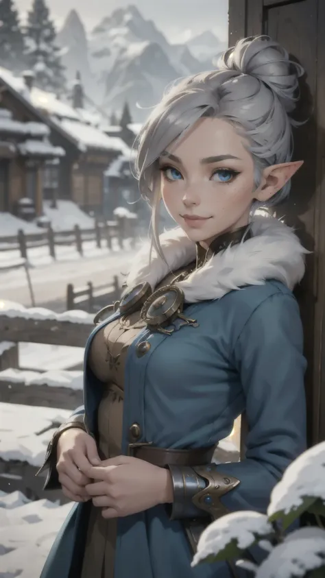 steampunk beautiful elf, silver hair in a messy bun, detailed face, light freckles, smirk, blue brown fur dress, early morning, ...