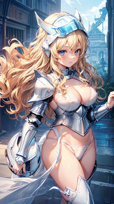 (Adult women:1.5)、Very detailed、highest quality、Best image quality、masterpiece、8k、Anime Face、A kind smile、Open your mouth、Sparkling blue eyes、(Blonde Wavy Hair:1.5)、、Muscles of the whole body、T-back thong、Thigh belt、(Wearing white bikini armor:1.5)、(Cowboy...