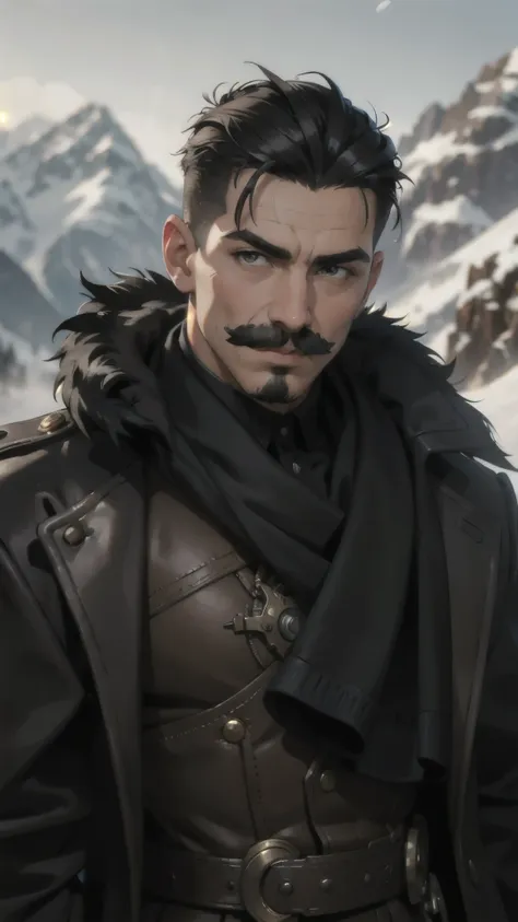 steampunk man, short hair, undercut, mustache, black fur coat, detailed face, early morning, snowy mountains, depth of field, bl...