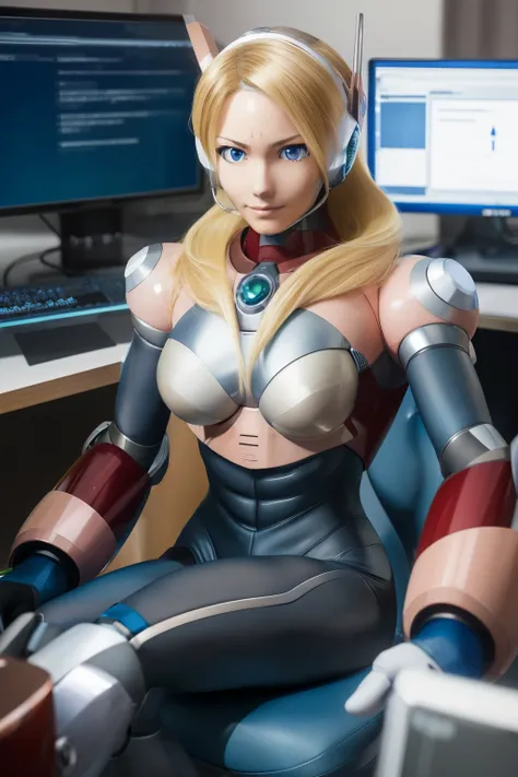 ultra detailed of a woman cyborg, 1girl, (natural skin texture, realistic eye details:1.2) alias_mega manx, alone, breasts, blue eyes, blonde hair, Android, long hair, robot ears, sitting on chair in front of the computer, laboratory, artwork, high quality...