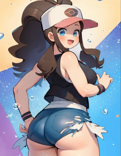 (best quality, highres, masterpiece:1.2), ultra-detailed, realistic:1.37, sketches, hilda pokemon, def1, curvy, visible thighs, chubby thighs, thighs in the foreground, body shape, loved look, smile, open mouth, encanto femenino, nsfw, back shot, from bihi...