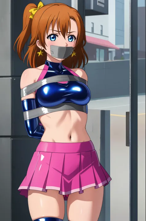 masterpiece, best quality,8k wallpaper, blue eyes,cowboy shot,kousaka honoka, (pink tight crop top), halter neck,breasts , elbow gloves, (pink latex skirt), in street , solo, (standing:0.8), earrings, posing , crotch ,Tape Gag ,Tape Bondage