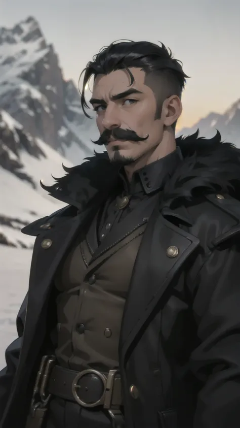 steampunk man, short hair, undercut, mustache, black fur coat, detailed face, early morning, snowy mountains, depth of field, bl...