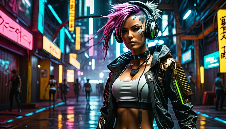 wide angle action shot of a beautiful cyberpunk android, gym instructor body, big , dj headphone,  in a cyberpunk city, highly textured, highly detailed, highly realistic cyberpunk 2077, steampunk elements, dark art, ethereal art, dramatic lighting, cyberp...