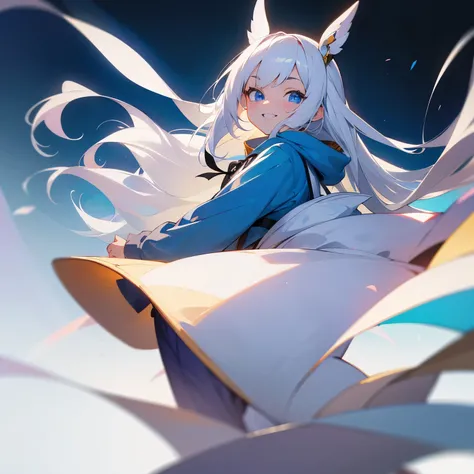 masterpiece, exquisite, beautiful, best quality, woman, semi long, white hair, blue eyes, fair skin, hoodie, 20-year-old, kawaii, cel anime, from front, white background, no background, eyes open, wide view, furious, looking ahead, wide shot, wide shot, sm...