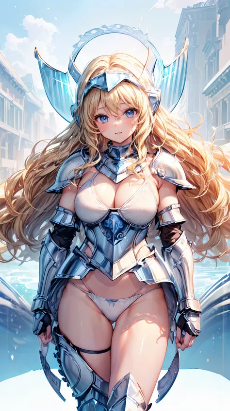 (Adult women:1.5)、Very detailed、highest quality、Best image quality、masterpiece、8k、Anime Face、A kind smile、Open your mouth、Sparkling blue eyes、(Blonde Wavy Hair:1.5)、、Muscles of the whole body、T-back thong、Thigh belt、(Wearing white bikini armor:1.5)、(Cowboy...