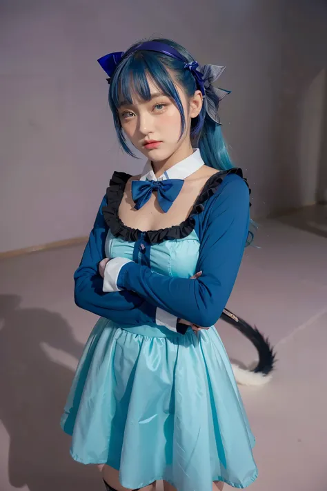 1girl, frederica bernkastel, bangs, blue bow, blue hair, blunt bangs, bow, breast hold, cat tail, crossed arms, dress, long hair, long sleeves, purple eyes, simple background, solo, tail bow, tail ornament, tail raised, tail ribbon