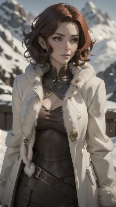 steampunk woman, short curly red hair, ivory fur coat, detailed face, early morning, snowy mountains, depth of field, blurry bac...