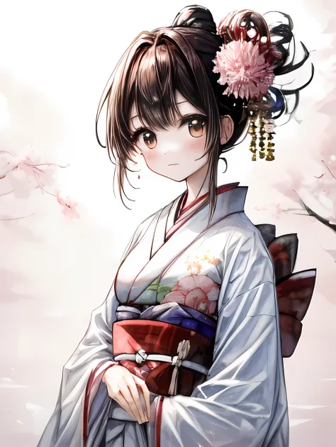 "create an image of a serene landscape with a young girl wearing a traditional spring kimono, focusing on her bust.