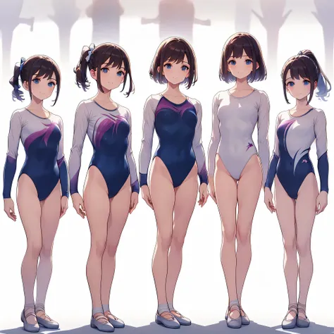 gymnastics club,(4 girls:1.3),(long sleeves leotard:1.3),full body, bob cuts hair, long hair, (over 16 years old, under 19 years...