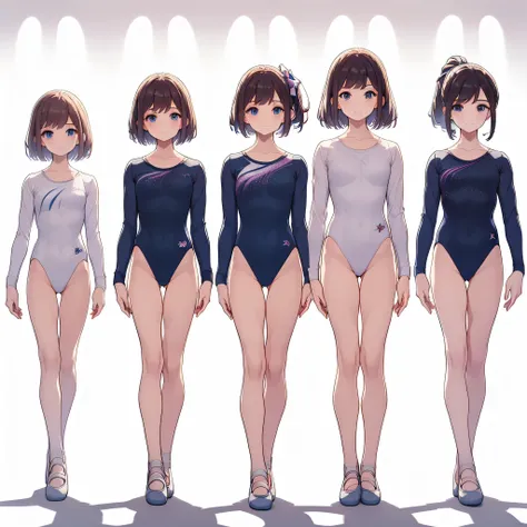 gymnastics club,(4 girls:1.3),(long sleeves leotard:1.3),full body, bob cuts hair, long hair, (over 16 years old, under 19 years...