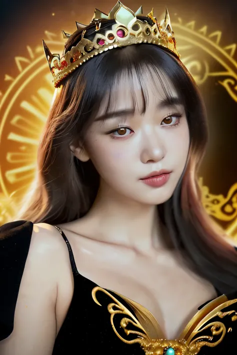 a woman in a black dress Wearing a gold crown on her head, beautiful fantasy empress, Golden lotus princess, Portrait of the Queen of Light, ((beautiful fantasy empress)), Japanese goddess, unreal engine rendering + goddess, Wallop and Lost Run, Gold crown...