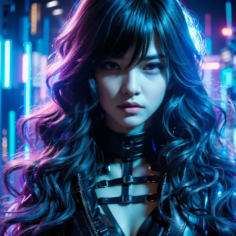 (Long black wavy hair with blue and purple neon lighting:1.2),(Full body photo:1.2) Best image quality, masterpiece, Ultra-high resolution, (Faithfulness:1.4), ((Cyberpunk characters)), Japanese women, Very beautiful face, Skinny, Small breasts,  Cyber Cos...