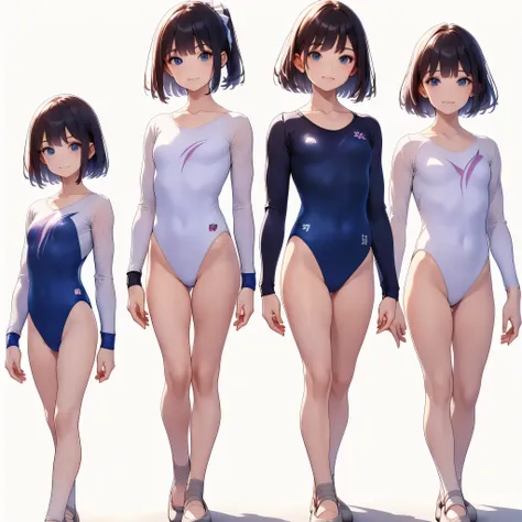 Gymnastics club,(4 girls:1.3),(long sleeves leotard:1.3),full body, bob cuts hair, long hair, (over 16 years old, under 19 years old:1.2), ballet shoes, white background
