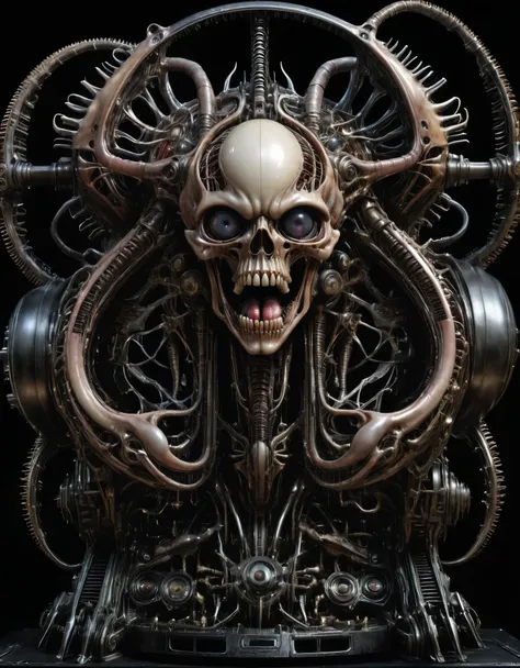 crazy killing machine by giger, biomechanical mass, organic, horror machinery, intricate, high detail, isolated on black backgro...