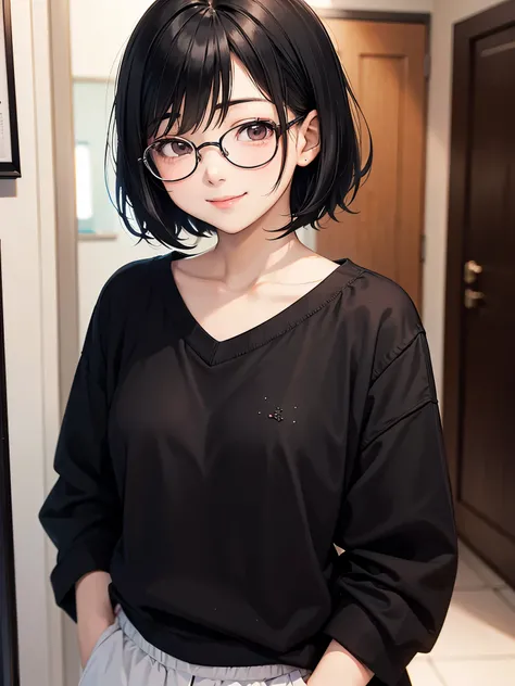 Black hair. Short hair. Anime girl. Asian girl. Ulzzang. Glasses. Smile. 