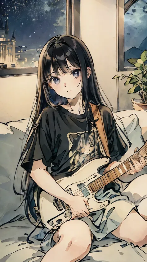 oversized t-shirt、stand lighting、colored pencil style、long black hair、play the guitar、sofa、kitten、night sky、star、room with a win...